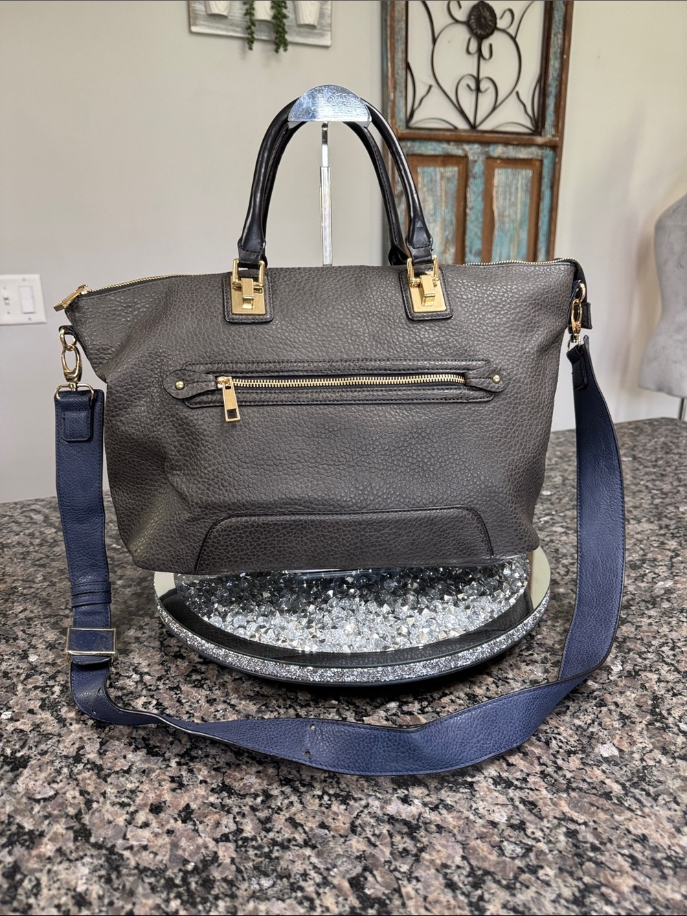 Aldo Pebbled taupe Tote with Navy Crossbody Strap NWT